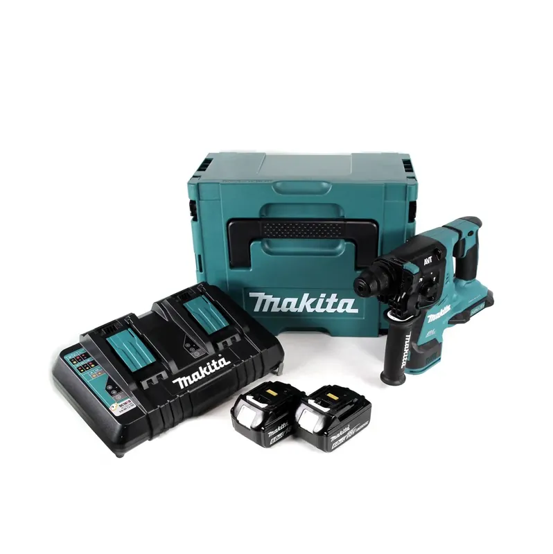 Ausverkauf Makita DHR 280 PGJ 2 x 18 V 36 V Li-Ion Akku Bohrhammer 28 mm Brushless für SDS-PLUS im Makpac + 2 x 6,0 Ah Akku + Doppelladegerät