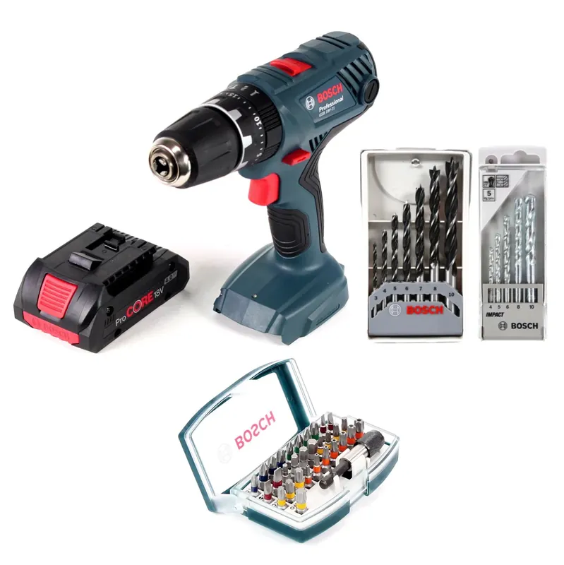 Rabatt Bosch Professional GSB 18V-21 Akku Schlagbohrschrauber 18V 55Nm + 1x Akku ProCORE 4,0Ah + Bit- und Bohrer-Set