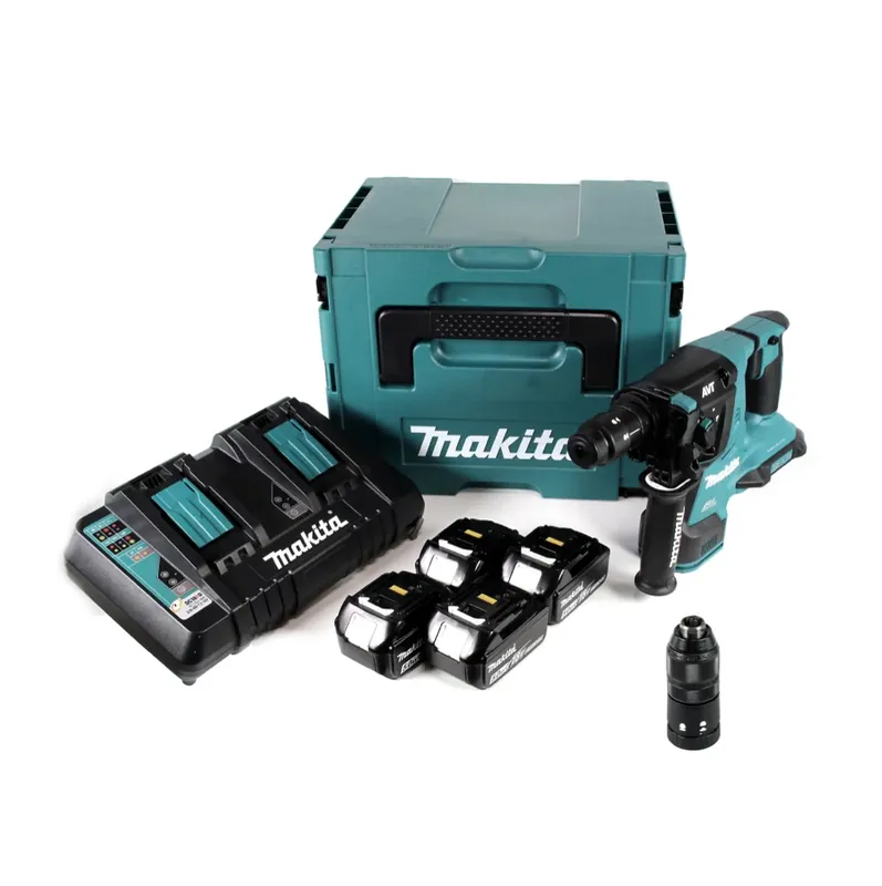 Makita DHR 281 PT4J Brushless Akku Bohrhammer 28 mm 2x 18 V für SDS-PLUS mit Schnellwechselfutter im Makpac + 4x 5,0 Ah Akku + Doppelladegerät Neuheit