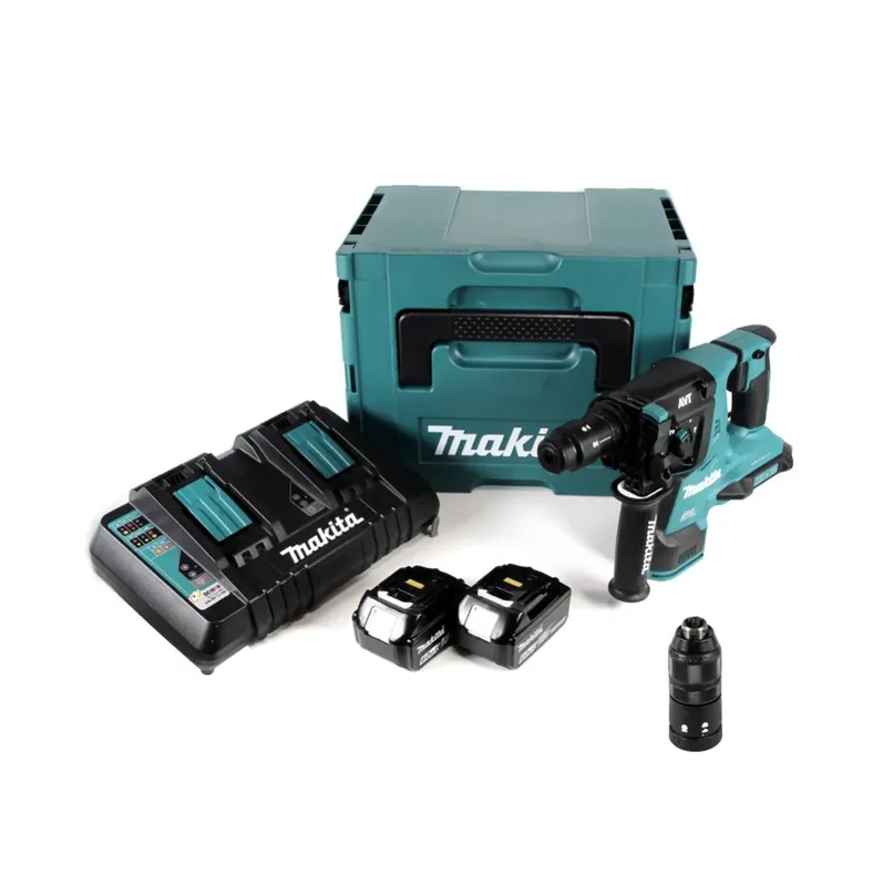 Schnäppchen Makita DHR 281 PGJ Brushless Akku Bohrhammer 28 mm 2x 18 V für SDS-PLUS mit Schnellwechselfutter im Makpac + 2x 6,0 Ah Akku + Doppelladegerät