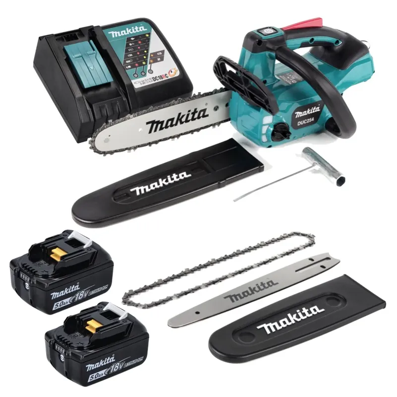 Makita DUC 254 RT Akku Kettensäge 18 V 25 cm Brushless + 2x Akku 5,0Ah + Ladegerät + Carving Zubehör-Set Preiswert