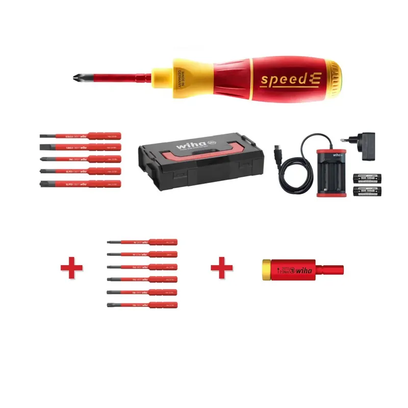 Wiha speedE® elektronischer Schraubendreher Set 1 + L-Boxx + 2x 1,5 Ah Akku + Ladegerät + Bits ( 41911 ) + Easy Torque Adapter ( 41342 ) + Bit Set Torx Satz 6 tlg. ( 42210 ) Super-Preis