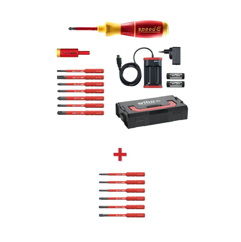 Finale Aktion Wiha speedE® elektronischer Schraubendreher Set 2 + L-Boxx 13 tlg. + 2x 1,5 Ah Akku + Ladegerät + Bits / TorqueAdapter ( 41912 ) + Bit Set slimBit Torx 6 tlg. ( 42210 )