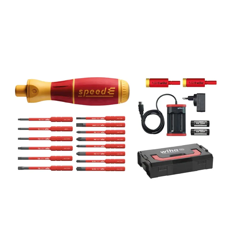 Jetzt Kaufen Wiha speedE® E-Schraubendreher mit 2x Akku 1,5Ah + Ladegerät + 14x slimBits Vario/electric + 2x TorqueAdapter + L-Boxx