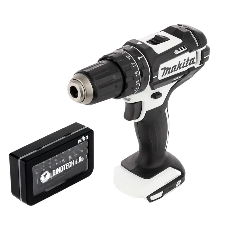 Top-Seller Makita DHP 482 ZW Akku Schlagbohrschrauber 18V 62Nm Solo + 31 tlg. Wiha Bit Set Dinotech Edition