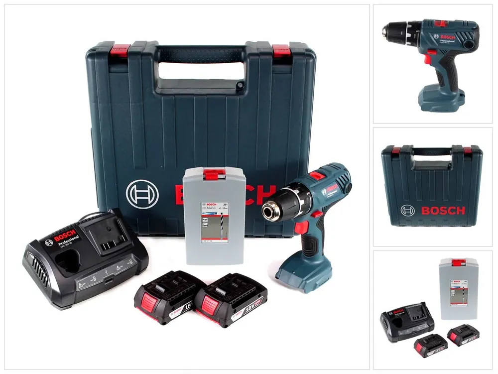 Markenprodukt Bosch Professional GSR 18V-21 Akku Bohrschrauber 18V 55Nm + 2x Akku 2,0Ah + Ladegerät + Spiralbohrer Set + Koffer