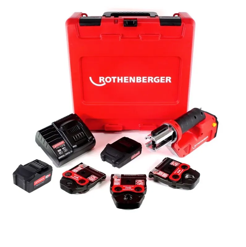 Rothenberger ROMAX Compact TT Set M EU Akku Kompaktpressmaschine mit PB-Set M15-22-28 elektrohydraulisch im Transportkoffer + 1 x 2,0 Ah Akku + 1x 4,0 Ah Akku + Ladegerät + 3 x Pressbacken ( 1000002118 ) Mega-Angebot