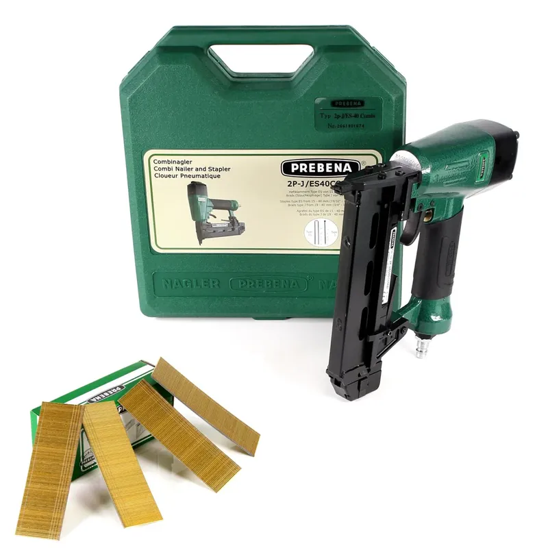 Jetzt Kaufen Prebena Druckluftnagler 2P-J/ES 40 COMBI 5 bis 7 Bar - im Transportkoffer + Prebena J 40 CNKHA Stauchkopfnägel Brads 40 mm 5000 Stück
