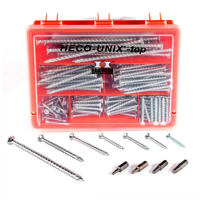 Saisonangebot HECO UNIX-top Schrauben Sortiment 254-teilig ( 45495 ) Torx T-Drive Kombikopf Vollgewinde, verzinkt A2K, in Kunsstoffbox