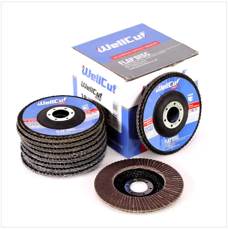 Billig WellCut WP 120115 - 10 Stück Schleifscheiben 115mm Körnung 120 Fächerscheiben Schleifmopteller