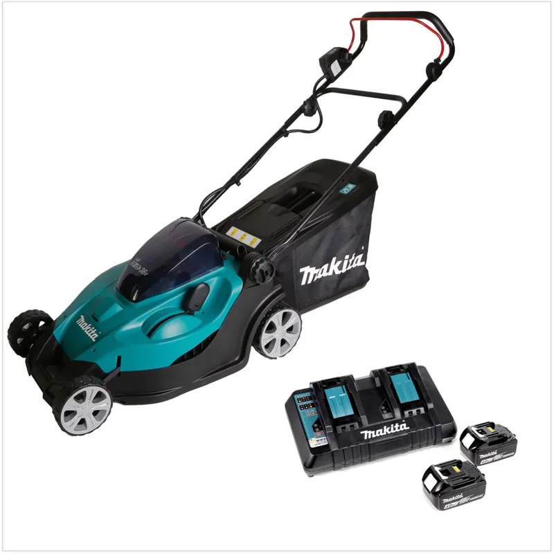 Solange Der Vorrat Reicht Makita DLM 431 PM2 Akku Rasenmäher 36V ( 2x18V ) 43cm + 2x Akku 4,0Ah + Doppelladegerät