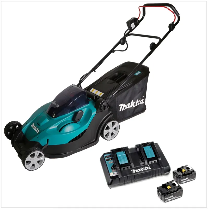 Begrenztes Angebot Makita DLM 431 PT2 Akku Rasenmäher 36V ( 2x18V ) 43cm + 2x Akku 5,0Ah + Doppelladegerät
