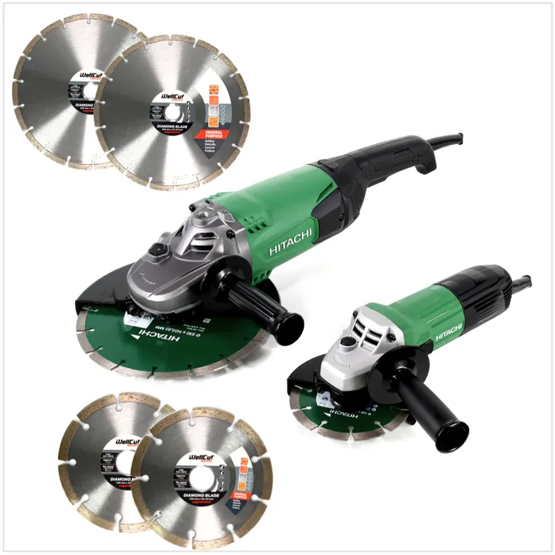 Billig Hitachi Winkelschleifer Set 2.0 G 23ST 230 mm - 2000 W + G 13STA 125 mm - 600 W + 6x Diamant Trennscheibe ( 3x 125mm / 3x 230mm )
