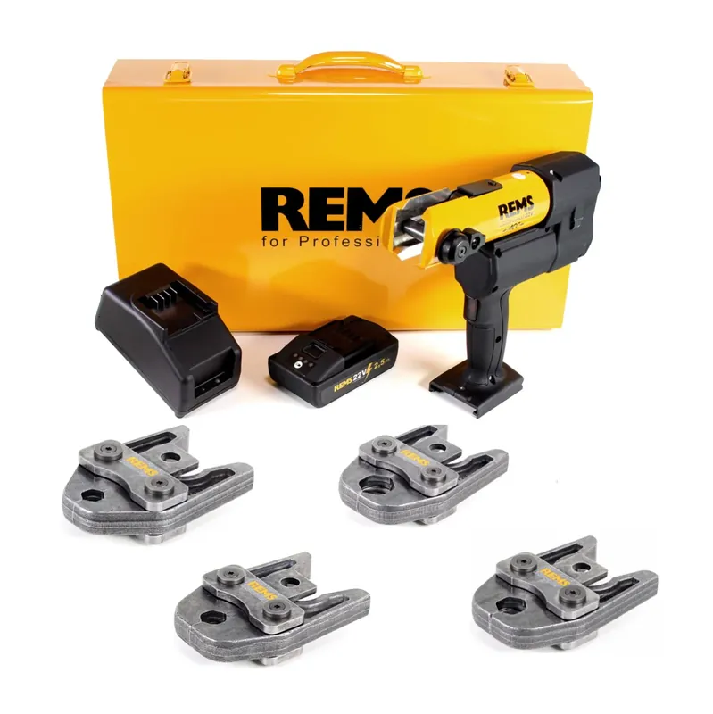 REMS Akku-Press 22V ACC + 1x Akku 2,5Ah + Schnellladegerät + Pressbacken Presszangen Standard V15,18,22, 28 im Stahlblechkasten Sichere Zahlung