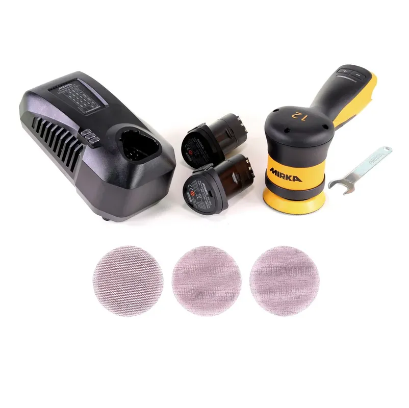 Heißes Angebot Mirka AROP-B 312NV 77mm Exzenterschleifer Poliermaschine Hub 12mm 10,8V Brushless ( 8991012311 ) + 2x Akku 2,5Ah + Ladegerät + 150x ABRANET Schleifscheiben