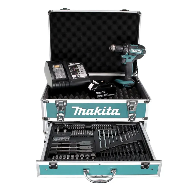 Abverkauf Makita DDF 482 SGX4 Akku Bohrschrauber 18V 62Nm + 1x Akku 6,0Ah + Ladegerät + 70tlg. Bit Bohrer Set + Koffer