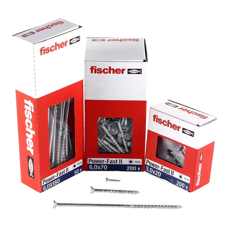 Neue Ware Fischer Power-Fast II FPF II Spanplattenschraube 6,0x180 mm 50 Stück ( 670695 ) Senkkopf mit Torx Teilgewinde galvanisch verzinkt, blau passiviert