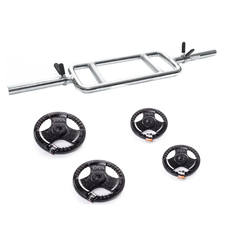 Heißes Angebot Hantelstange Trizeps/Bizeps Trainer Set 85cm + 4x Hantelscheiben Guss Eisen (2x 10,0 kg + 2x 5,0 kg)