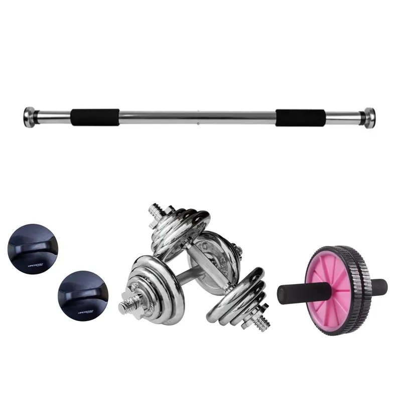 Preiswert Workout Komplett-Set Klimmzugstange 60-90 cm + 2x Liegestützgriffe + Kurzhantel Set 15kg Gusseisen + Wheel Bauch Roller