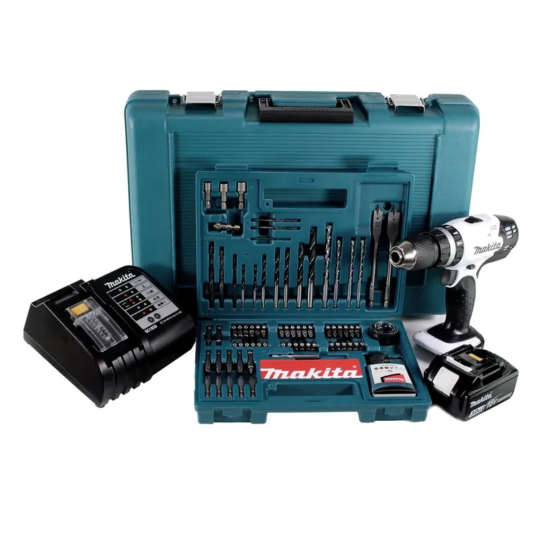 Makita DHP 453 SFTK W Akku Schlagbohrschrauber 18V 42Nm + 1x Akku 3,0Ah + Ladegerät + 100 tlg. Bit Bohrer Set + Koffer Neue Ware