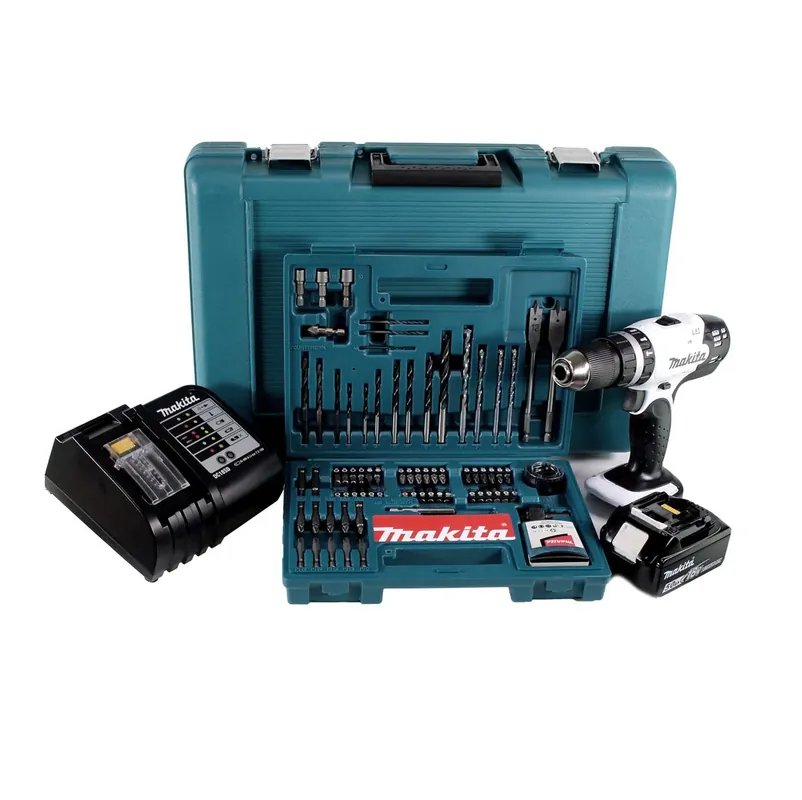 Preisreduziert Makita DHP 453 STTK W Akku Schlagbohrschrauber 18V 42Nm + 1x Akku 5,0Ah + Ladegerät + 100 tlg. Bit Bohrer Set + Koffer