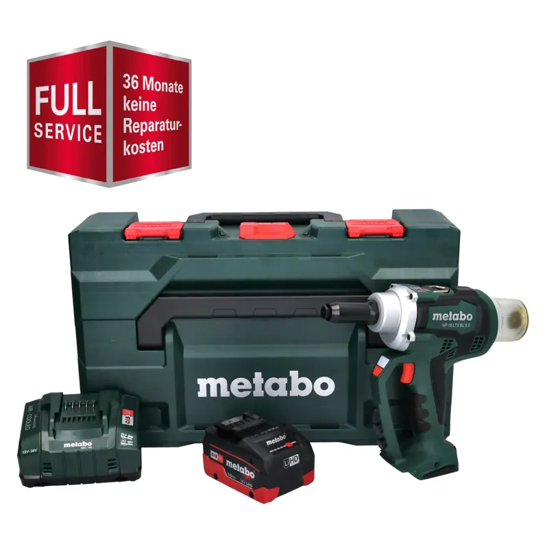 GRATIS 3 Jahre Full Service Rundum Schutz Metabo NP 18 LTX BL 5.0 Akku Blindnietpistole 18 V 10 kN Brushless + 1x Akku 5,5 Ah + Ladegerät + metaBOX Sonderangebot