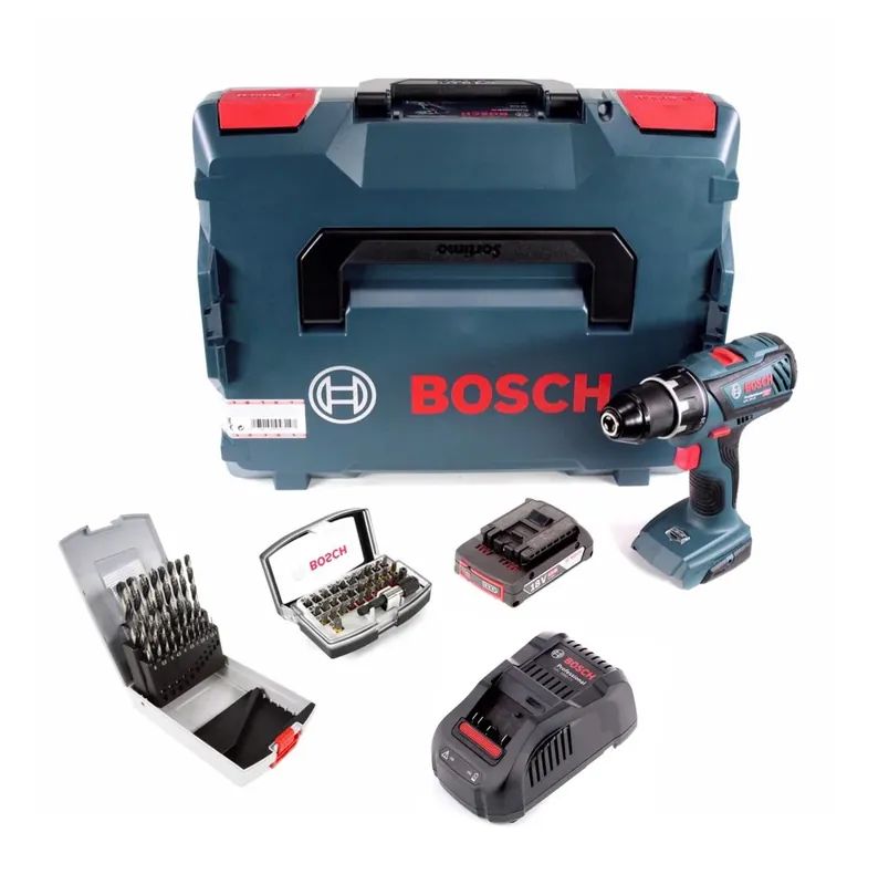 Bosch GSR 18V-28 Akku Bohrschrauber 18V 63Nm + 1x Akku 2,0Ah + Ladegerät + 19tlg. Bohrer Set + 32 tlg. Bit Set + L-Boxx Wochenendangebot