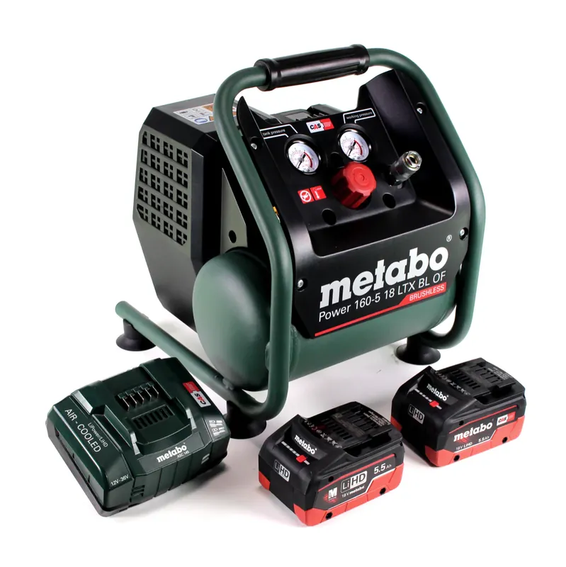 Preisreduziert Metabo Power 160-5 18 LTX BL OF Akku Kompressor 18 V 8,0 bar Brushless + 2x LiHD Akkupack 5,5 Ah + Ladegerät