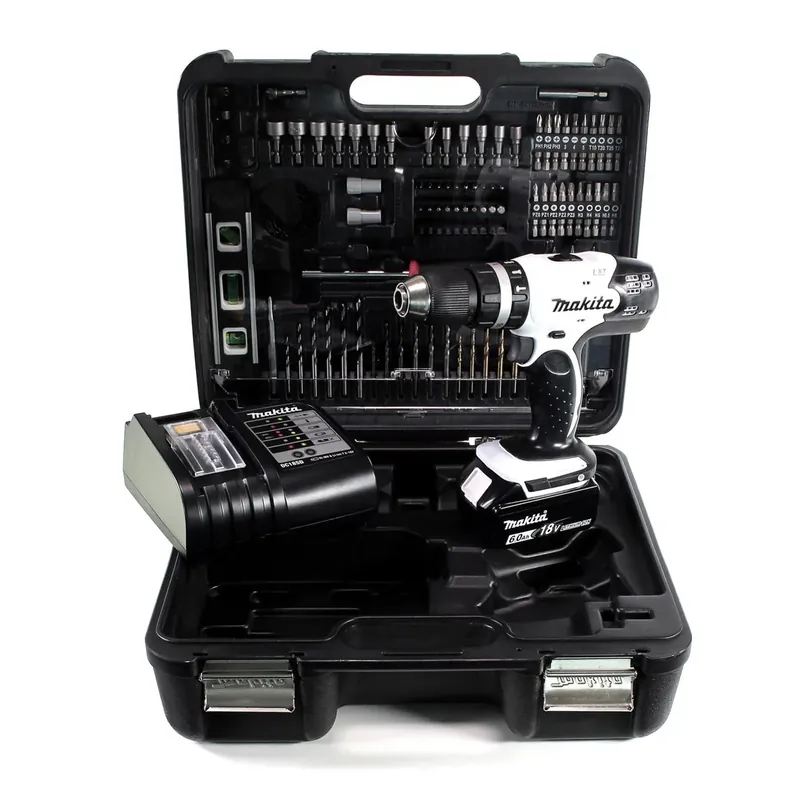Makita DHP 453 SGTKW Akku Schlagbohrschrauber 18 V 42 Nm + 1x Akku 6,0 Ah + Ladegerät + 101 tlg. Zubehörset + Koffer Schnäppchen
