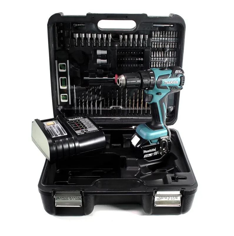 Knallerangebot Makita DHP 459 SFTK Akku Schlagbohrschrauber 18 V 45 Nm Brushless + 1x Akku 3,0 Ah + Ladegerät + 101 tlg. Zubehörset + Koffer