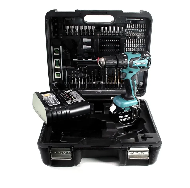 Highlight Makita DHP 459 STTK Akku Schlagbohrschrauber 18 V 45 Nm Brushless + 1x Akku 5,0 Ah + Ladegerät + 101 tlg. Zubehörset + Koffer