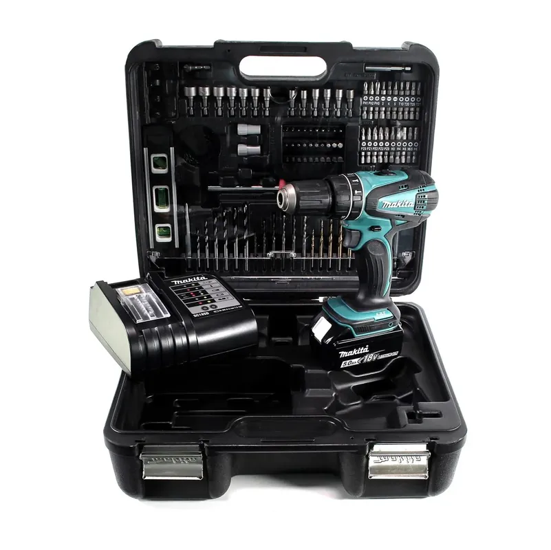 Makita DHP 456 STTK Akku Schlagbohrschrauber 18 V 50 Nm + 1x Akku 5,0 Ah + Ladegerät + 101 tlg. Zubehörset + Koffer Preis Gesenkt