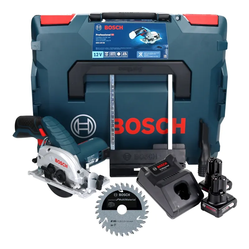 Must-Have Bosch GKS 12V-26 Professional Akku Handkreissäge 12 V 85 mm + 2x Akku 6,0 Ah + Ladegerät + Sägeblatt + L-Boxx