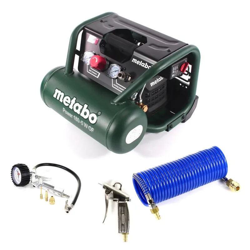 Metabo Power 180-5 W OF Kompressor 8 bar 1,1 kW + Spiralschlauch 7,5 m + Blaspistole + Reifenfüller Sichere Zahlung