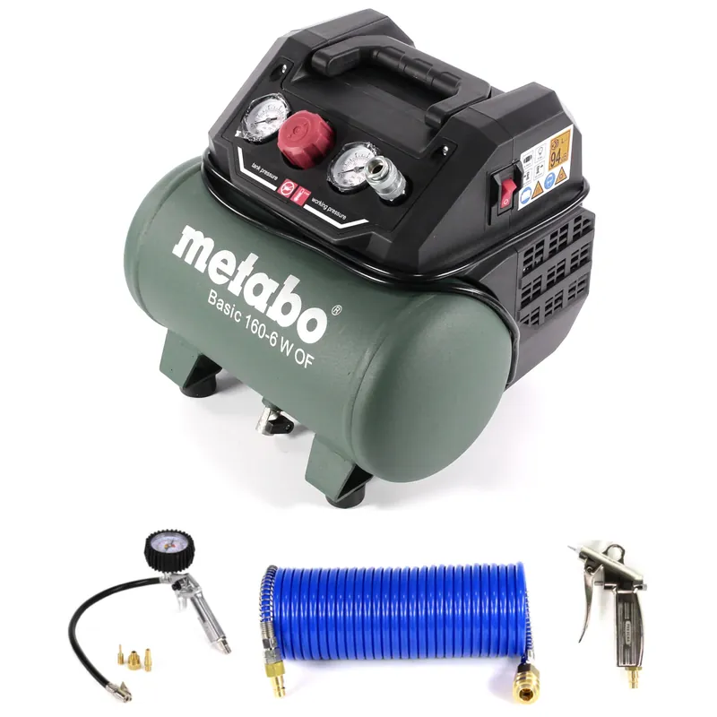 Rabatt Metabo Basic 160-6 W OF Kompressor 900 W 8 bar + Prebena Spiralschlauch + Blaspistole + Reifenfüller