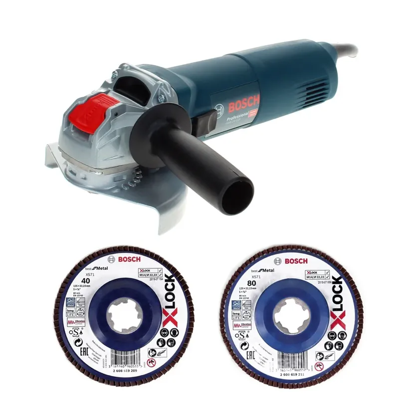 Bosch GWX 14-125 Professional Winkelschleifer 1400 W 125 mm X-Lock + Fächerschleifscheibe X571 K40 + Fächerschleifscheibe X571 K80 Markenprodukt
