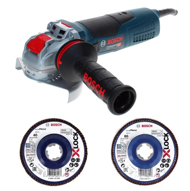 Bosch GWX 17-125 S Professional Winkelschleifer 1700 W 125 mm X-Lock + Fächerschleifscheibe X571 K40 + Fächerschleifscheibe X571 K80 Ausverkauf