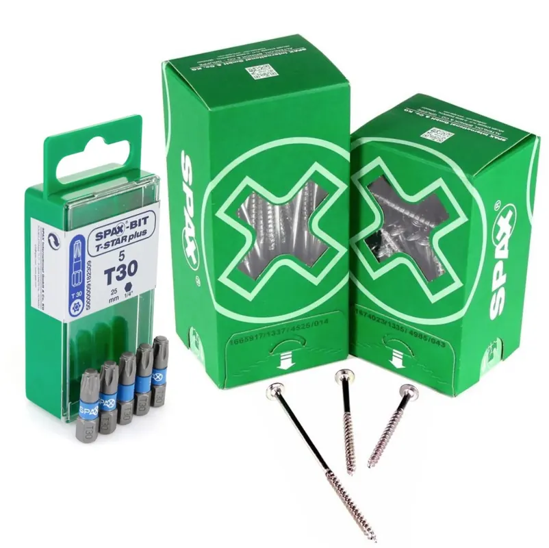 Ausverkauf SPAX Set BIT T-STAR plus T30 - 6,4 x 25 mm, 5 Stk. ( 5000009182309 ) + HI.FORCE Tellerkopfschraube 6,0 x 180 mm 100 Stk. ( 0251010601805 )