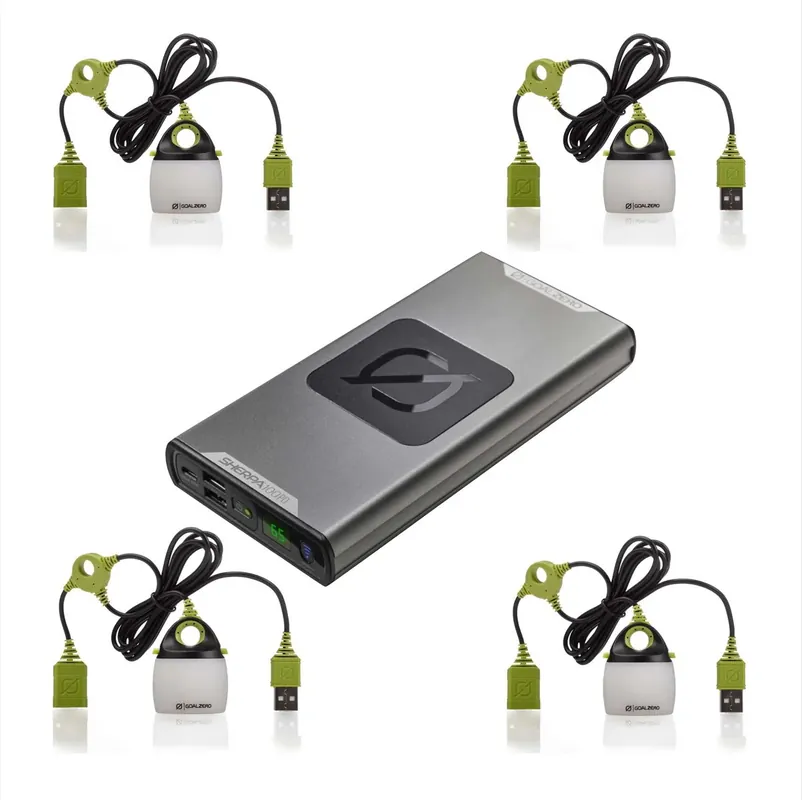 Top-Seller Goal Zero Sherpa 100 PD Powerbank Wiresless Qi Charging 14,8 V 6,4 Ah + 4x Light a Life Mini USB Chainable Light 110 Lumen