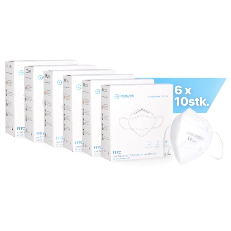 Shengang 60x FFP2 Maske CE zertifiziert Apotheken konform Mund Atem Nasen Schutz 5-Lagig ISO9001:2015 / EN149 2001 A1:2009 Billig