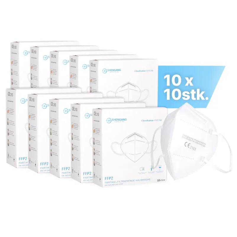 Nur Heute Shengang 100x FFP2 Maske CE zertifiziert Apotheken konform Mund Atem Nasen Schutz 5-Lagig ISO9001:2015 / EN149 2001 A1:2009