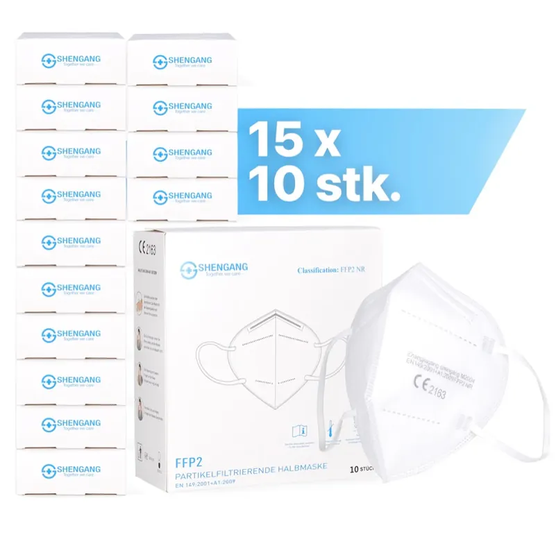 Zertifiziert Shengang 150x FFP2 Maske CE zertifiziert Apotheken konform Mund Atem Nasen Schutz 5-Lagig ISO9001:2015 / EN149 2001 A1:2009