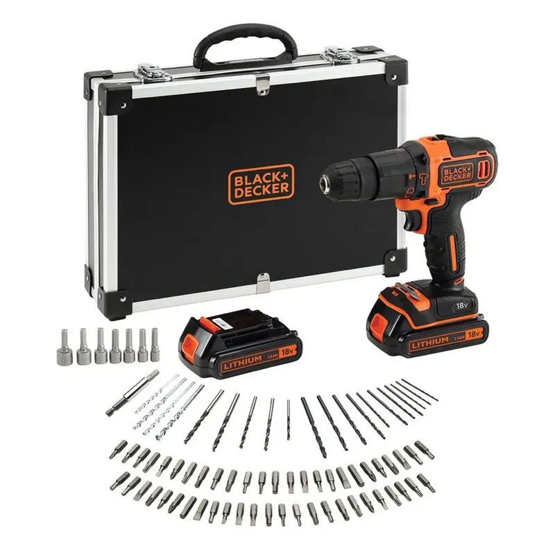 Jetzt Kaufen Black & Decker BDCHD18BAFC Akku Schlagbohrschrauber 18 V 40 Nm + 2x Akku 1,5 Ah + Ladegerät + 80 tlg. Zubehör Set + Koffer