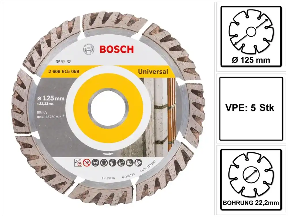 Bosch Standard for Universal Diamanttrennscheibe 125 x 22,23 mm 5 Stk. ( 5x 2608615059 ) für Beton, Stahl-Beton, Back-, Kalk- und Sand-Stein Sonderaktion