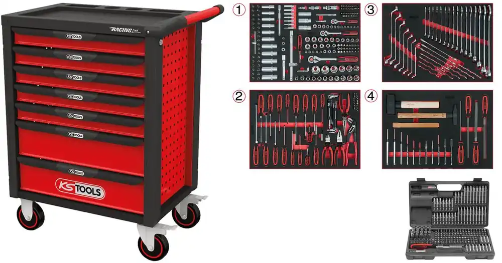 KS TOOLS RACINGline SCHWARZ/ROT Werkstattwagen mit 7 Schubladen und 515 Premium-Werkzeugen ( 826.7515 ) Top-Seller