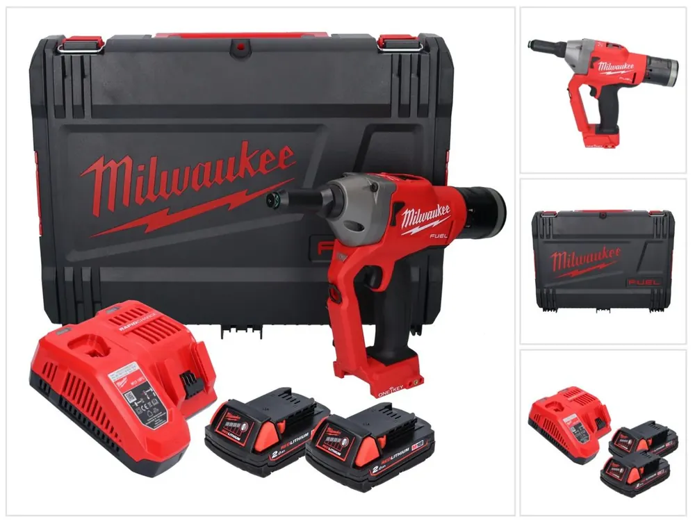 Markenprodukt Milwaukee M18 ONEFPRT-202X Akku Blindnietgerät 18 V 20 kN Brushless ( 4933478602 ) + 2x Akku 2,0 Ah + Ladegerät + HD Box