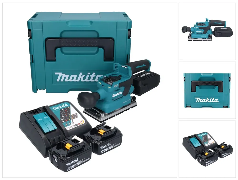 Preisreduziert Makita DBO 381 RTJU Akku Schwingschleifer 18 V 93 x 185 mm Brushless + 2x Akku 5,0 Ah + Ladegerät + Makpac