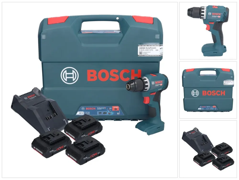 Saisonangebot Bosch GSR 18V-45 Professional Akku Bohrschrauber 18 V 45 Nm Brushless ( 0615A5002N ) + 3x ProCORE Akku 4,0 Ah + Ladegerät + L-Case