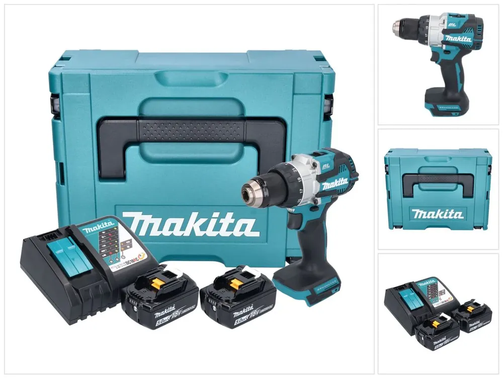 Makita DHP 489 RTJ Akku Schlagbohrschrauber 18 V 73 Nm Brushless + 2x Akku 5,0 Ah + Ladegerät + Makpac Sonderaktion