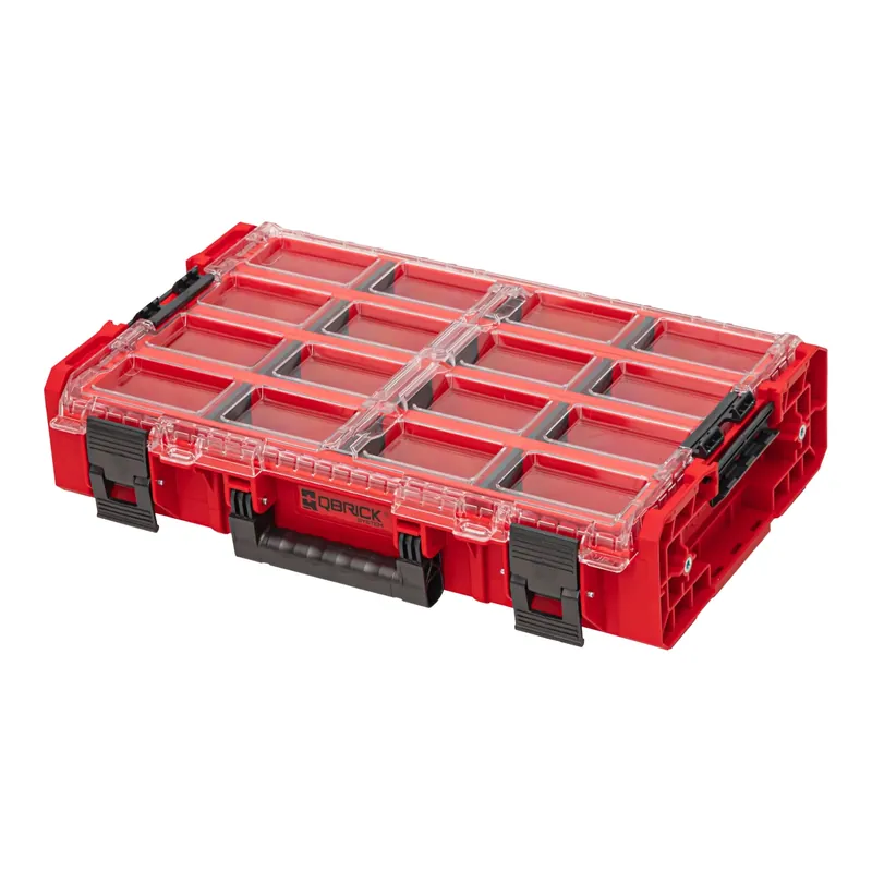 Qbrick System ONE Organiser XL 2.0 Long Bin RED ULTRA HD Custom stapelbar 582 x 387 x 131 mm 13,5 l IP66 mit 4 Inlays und 12 Trennwänden Preis Gesenkt